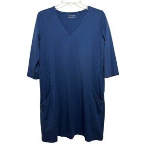 EILEEN FISHER Organic Cotton Shift Dress Size Small Blue V-Neck 3/4 Sleeves